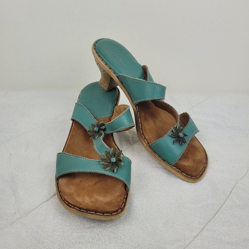 Tsonga VTG aqua leather sandals kitten heel & flower detail boho festival 6.5